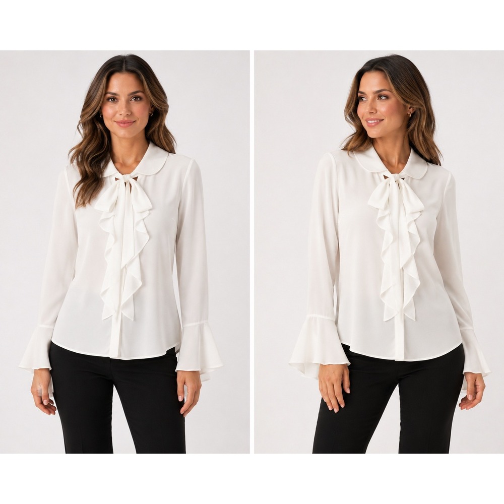 New York & Company Ivory Ruffle Front Bow Blouse Bell Sleeve Peter Pan Collar M